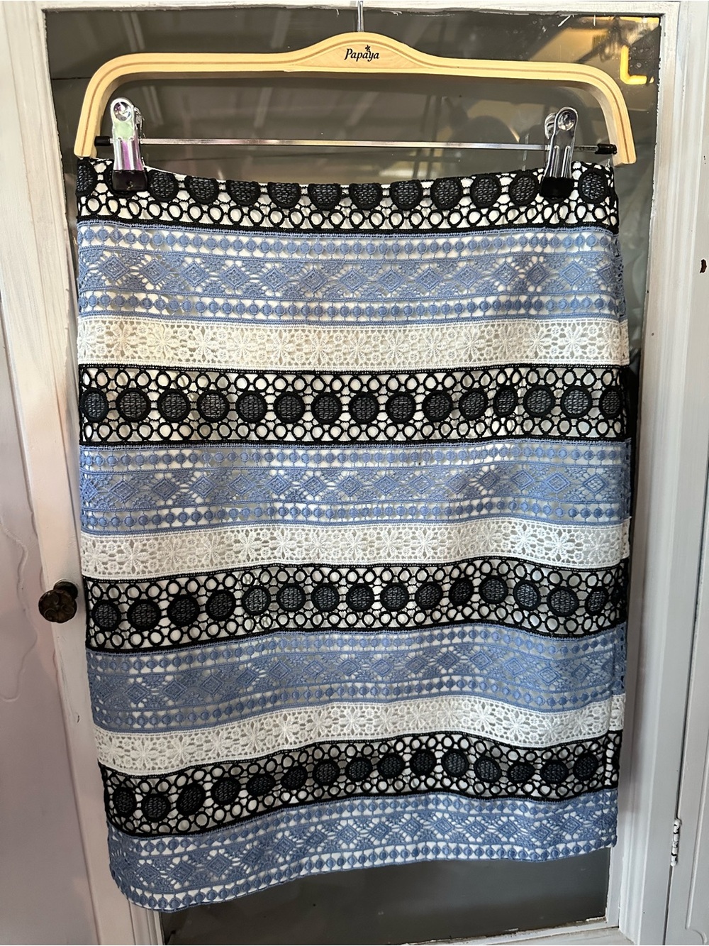 Talbots Blue, White & Black Lace-Trim Pencil Skirt